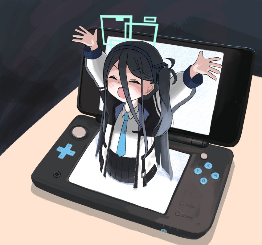 1girl, aqua_halo, aris_(blue_archive), arms_up, black_hair, black_skirt, blue_archive, blue_necktie