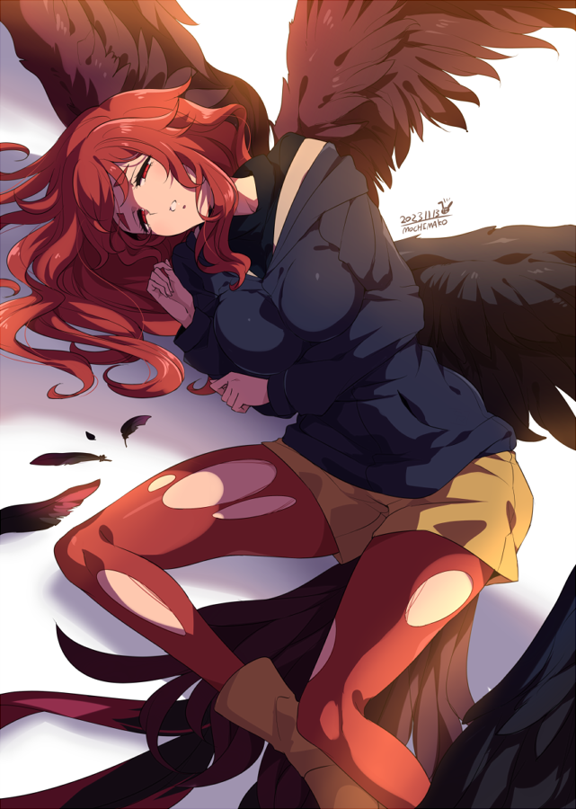 1girl, black_wings, blue_hoodie, breasts, commentary_request, feathers, galleria_no_chika_meikyuu_to_majo_no_ryodan, hair_between_eyes