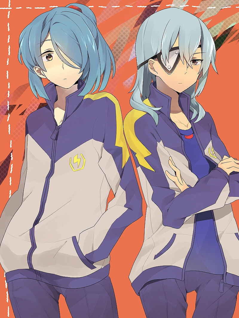 2boys, bad_id, bad_pixiv_id, blue_hair, dark_skin, extpil, eyepatch, grey_hair
