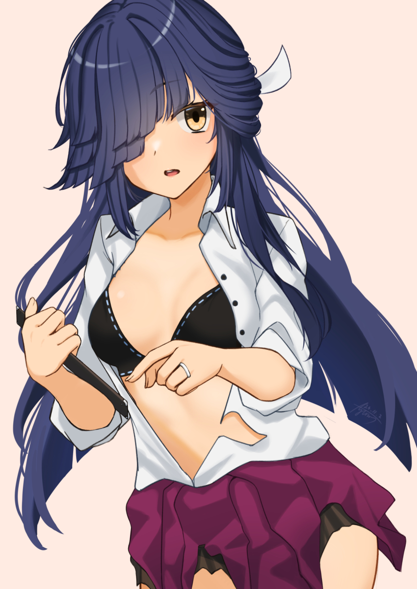 1girl, ayuman, black_bra, black_hair, bra, brown_eyes, collared_shirt, dress_shirt