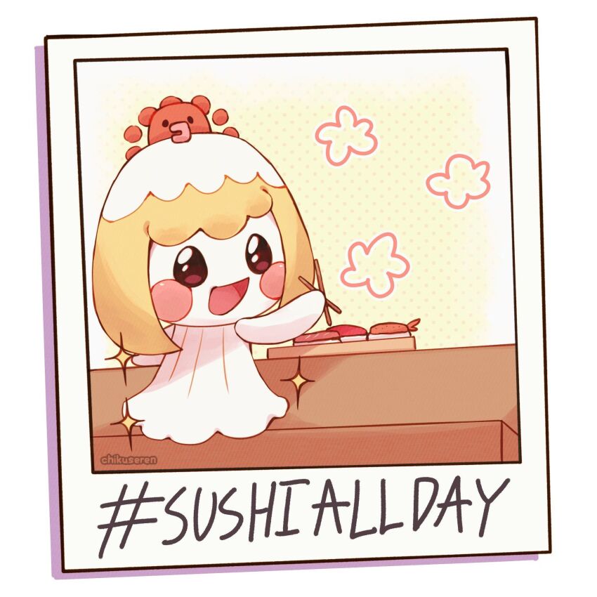 1girl, blonde_hair, blush_stickers, chibi, chibi_only, chikuseren, chopsticks, commentary