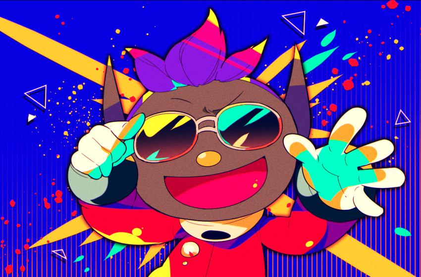 1boy, adjusting_eyewear, bernard_(pikmin), blue_background, colorful, dark-skinned_male, dark_skin, furrowed_brow