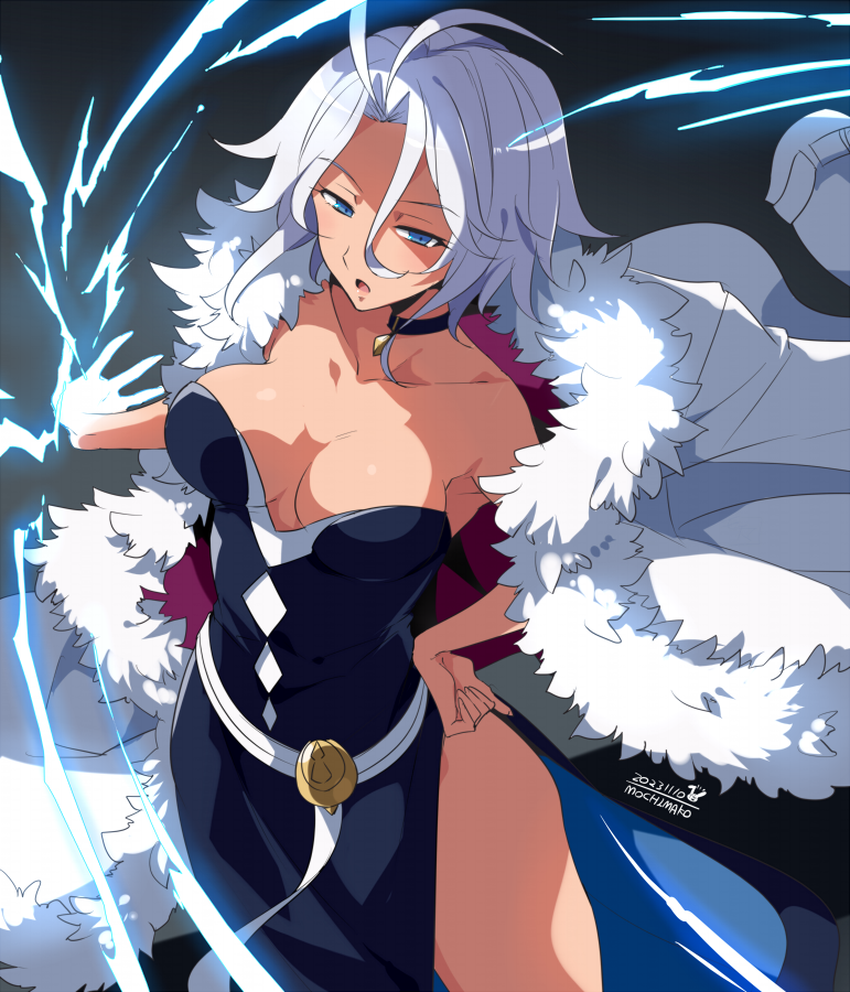 1girl, ahoge, black_dress, blue_eyes, breasts, choker, clarithtear_hightower, cleavage, coat, collarbone, commentary_request, dress, fur_coat, galleria_no_chika_meikyuu_to_majo_no_ryodan, hand_on_own_hip, lightning, medium_breasts, mochimako_(mushikera_hoi2), open_mouth, short_hair, signature, standing, white_hair