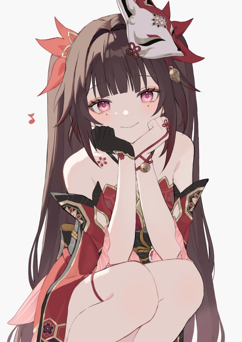 1girl, black_gloves, brown_hair, commentary, detached_sleeves, facial_mark, feet_out_of_frame, flower_tattoo