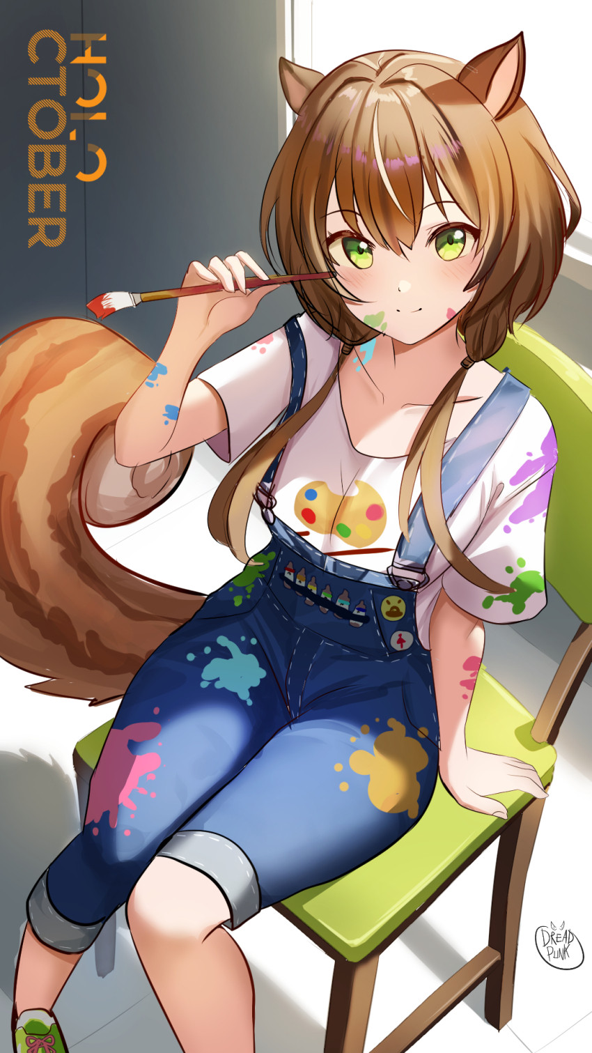 1girl, airani_iofifteen, airani_iofifteen_(1st_costume), airani_iofifteen_(cosplay), animal_ears, ayunda_risu, blue_overalls, blush