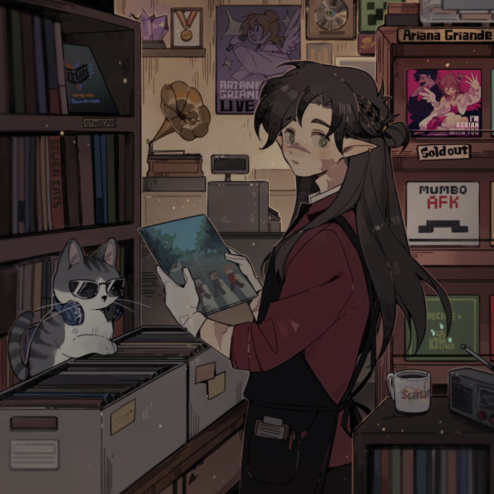 1boy, abbey_road, absurdly_detailed_composition, album_cover, alternate_costume, apron, ariana_griande_(hermitcraft), brown_hair