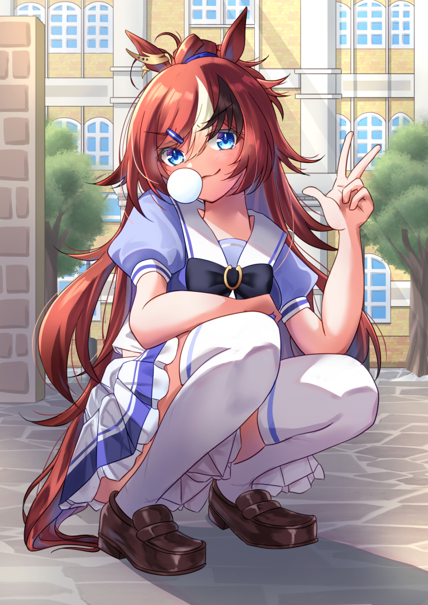 1girl, animal_ears, arm_on_thigh, blowing_bubble_gum, blowing_bubbles, blue_eyes, bow, bowtie