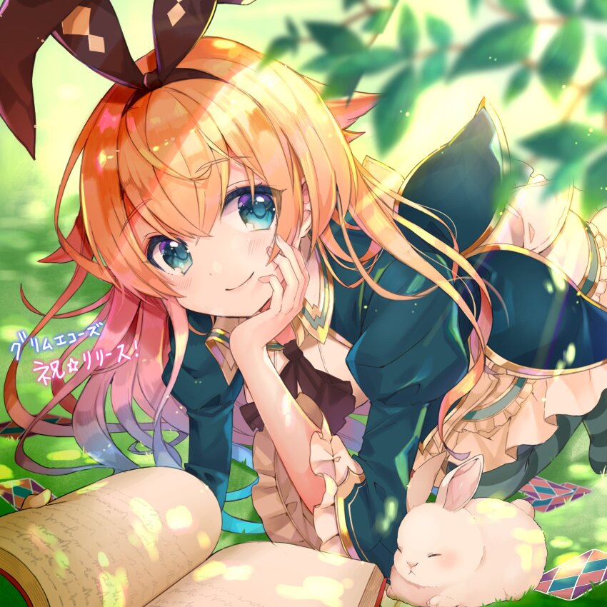 1girl, alice_(grimms_echoes), blonde_hair, blue_eyes, book, card, closed_eyes, copyright_name