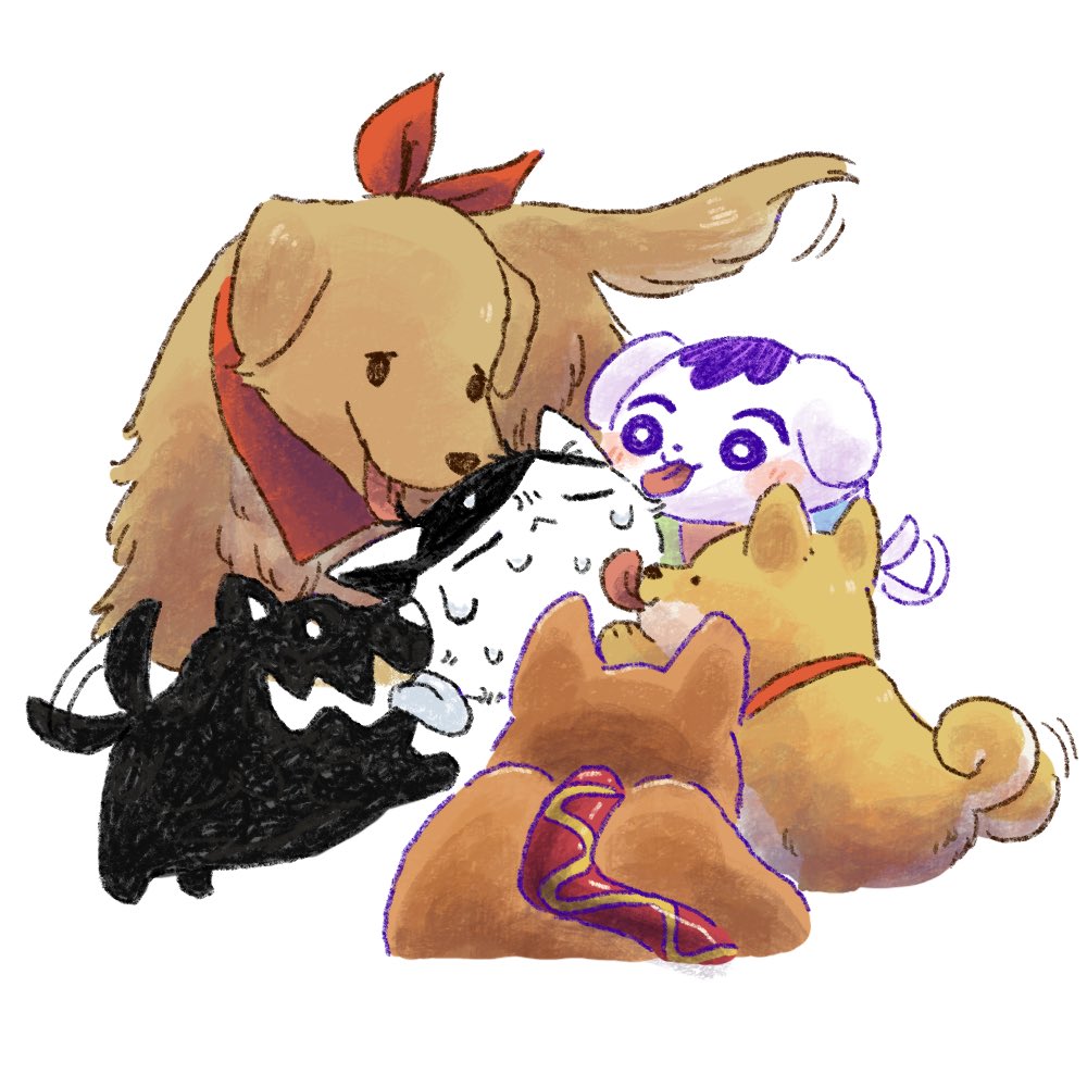 bandana, black_hair, bright_pupils, cat, dog, hector_(omori), hot_diggity_dog_(omori), kel_(headspace)_(omori)