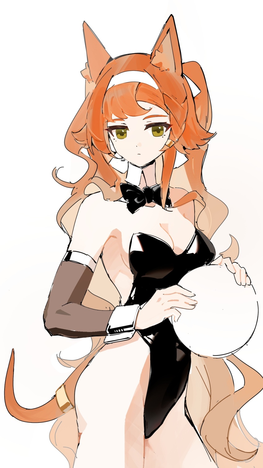 1girl, absurdres, animal_ears, black_bow, black_bowtie, black_leotard, bow, bowtie, closed_mouth, commentary, commentary_request, cowboy_shot, detached_collar, detached_sleeves, eden_(shengaoneng), english_commentary, expressionless, fox_ears, green_eyes, hairband, highres, holding, holding_plate, leotard, long_hair, looking_at_viewer, mixed-language_commentary, orange_hair, plate, playboy_bunny, reverse:1999, simple_background, solo, sonetto_(reverse:1999), strapless, strapless_leotard, tail, two_side_up, white_background, white_hairband