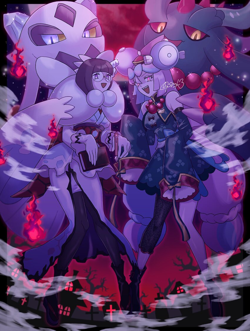 2girls, :d, blue_hair, book, bow-shaped_hair, character_hair_ornament, cross, detached_sleeves