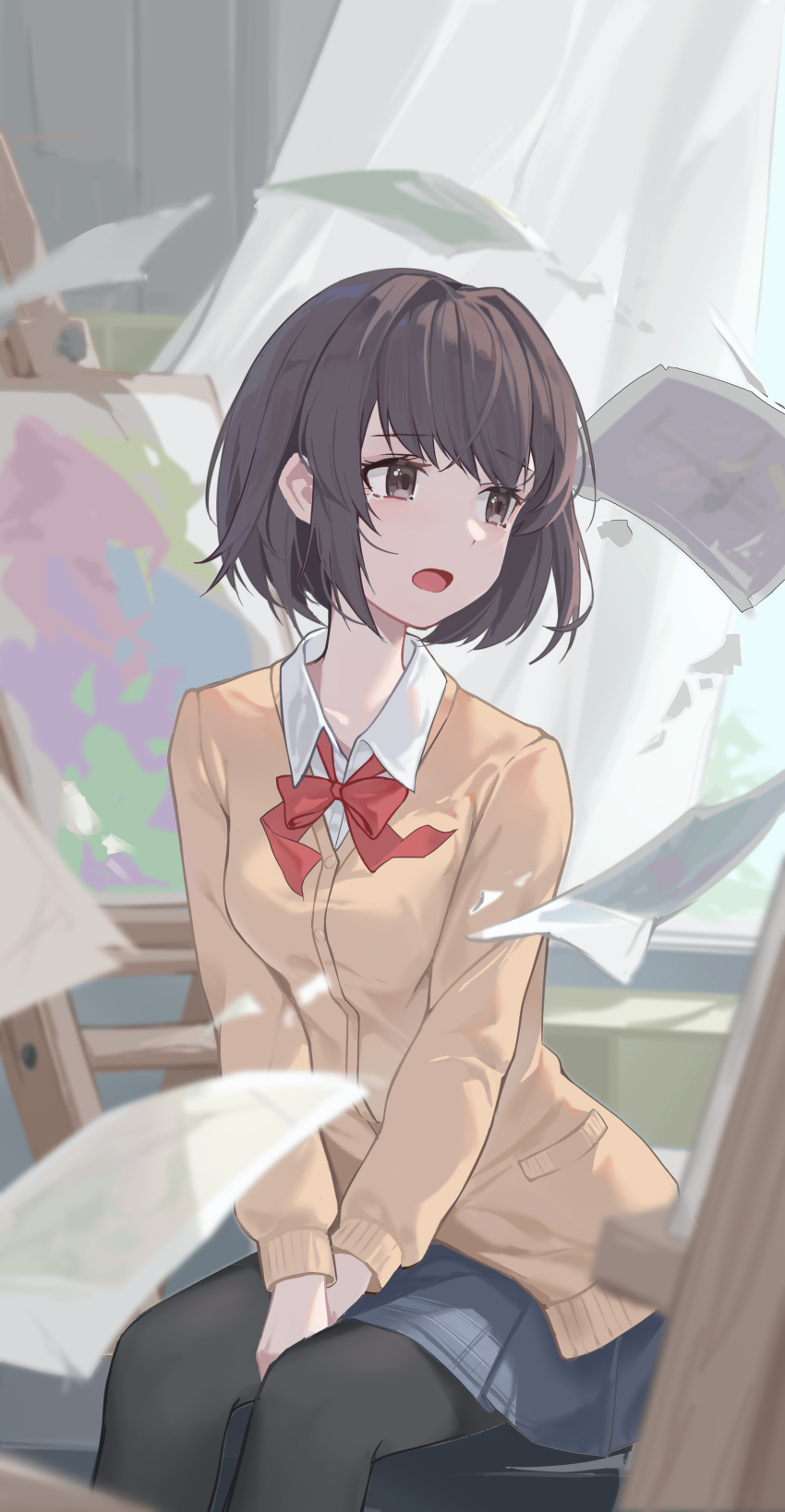 1girl, absurdres, black_pantyhose, blue_skirt, bow, bowtie, breasts, brown_eyes