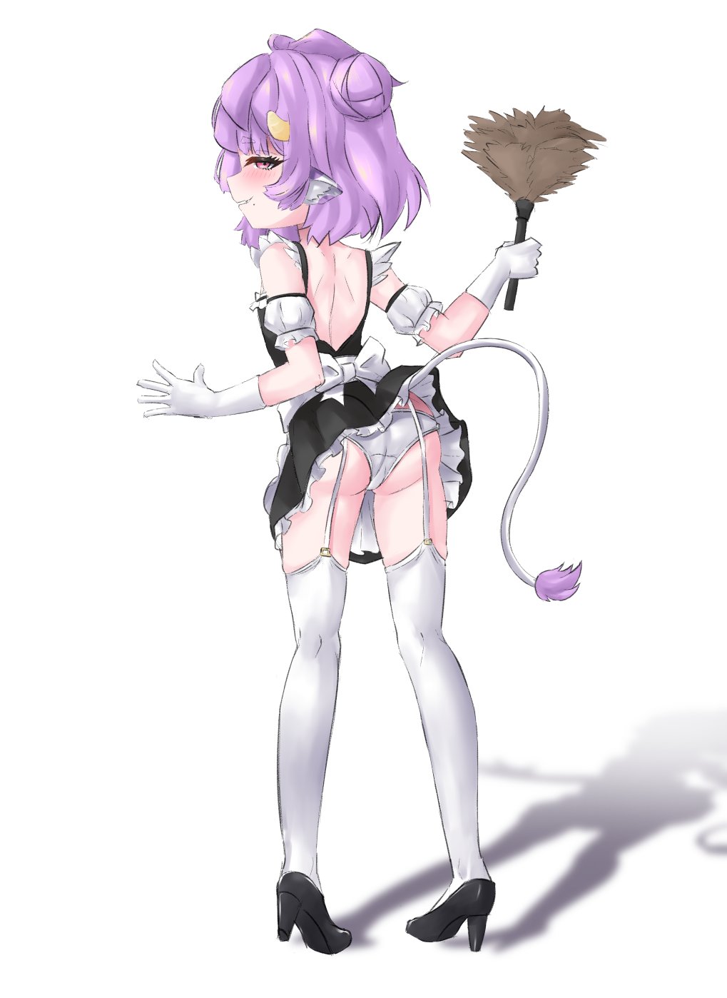 1girl, animal_ears, apron, ass, blush, cow_ears, cow_tail, double_bun, duster, equus_ignis, from_behind, gloves, hair_bun, high_heels, highres, horns, loli, maid, maid_apron, muu_muyu, panties, phase_connect, pink_eyes, purple_hair, shadow, short_hair, shoulder_blades, smile, solo, tagme, tail, thighhighs, underwear, virtual_youtuber, white_background, white_panties