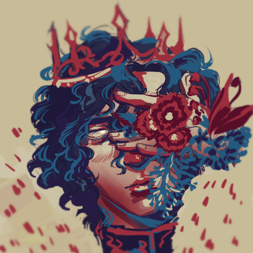 1other, blending, blue_flower, blue_hair, blue_shirt, bright_pupils, cape, closed_mouth