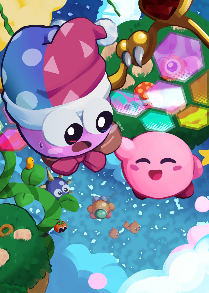 absurdres, blush_stickers, capsule_j, closed_eyes, colored_skin, crack-tweet, delatoid, gordo, hat, heterochromia, highres, jester_cap, kirby, kirby_(series), kirby_super_star, looking_at_another, marx_(kirby), marx_(true_form)_(kirby), maxim_tomato, nightcap, nintendo, no_humans, noddy_(kirby), one-eyed, pink_skin, purple_skin, scarfy, waddle_doo