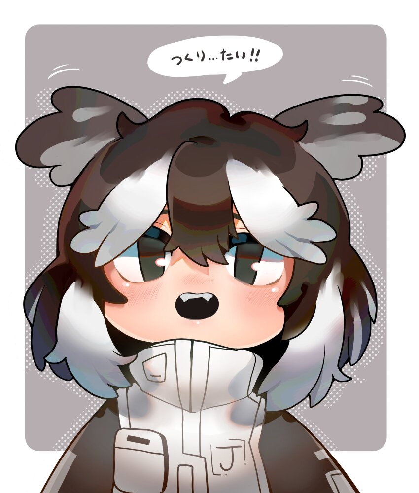 1girl, animal_ears, black_eyes, black_hair, black_sleeves, dekapiyo, dog_ears, fangs