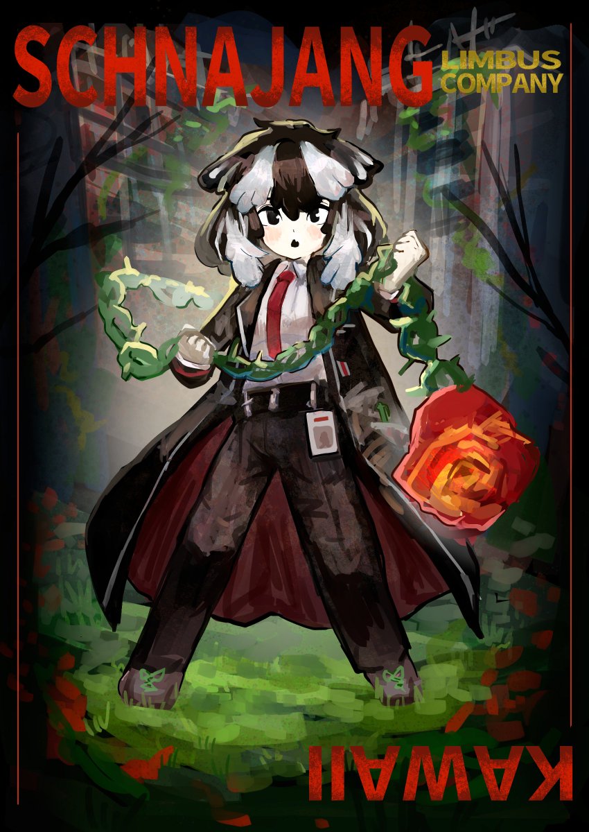 1girl, animal_ears, black_coat, black_eyes, black_hair, black_pantyhose, coat, collared_shirt, dekapiyo, dog_ears, flower, full_body, highres, holding, holding_whip, lapels, limbus_company, looking_at_viewer, lunacy_(limbus_company), notched_lapels, open_mouth, pantyhose, project_moon, red_flower, red_rose, rose, schna_jang, shirt, solo, vine_whip, virtual_youtuber, whip, white_shirt