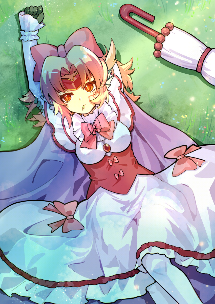 1girl, absurdres, animal_ears, arm_up, blonde_hair, bow, breasts, chinese_commentary