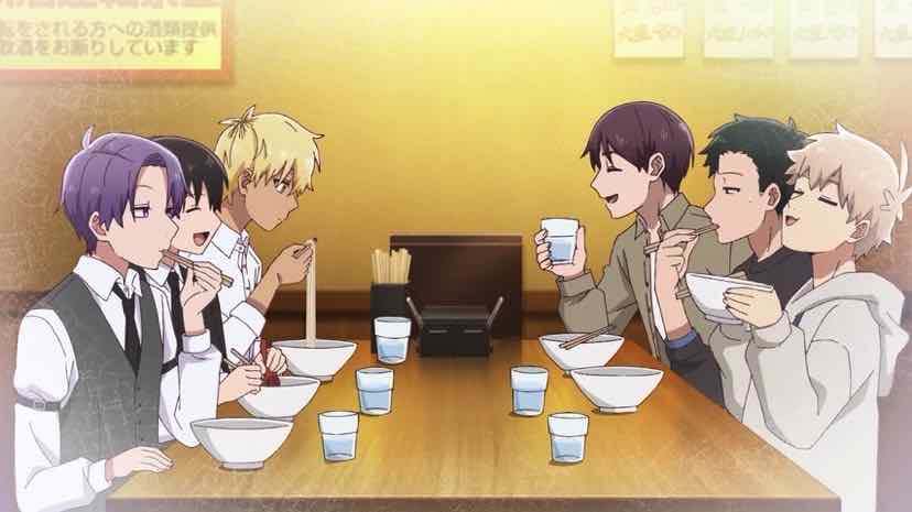 6+boys, asagi_(goukon), eating, fuji_(goukon), full_body, goukon_ni_ittara_onna_ga_inakatta_hanashi, hagi_(goukon), happy