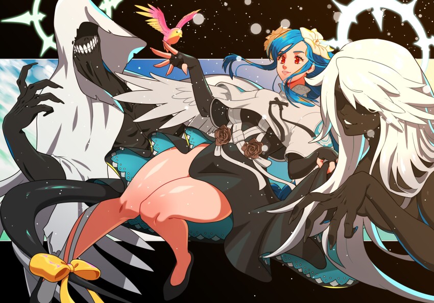 1boy, 2girls, angel_wings, asymmetrical_legwear, bird, black_dress, black_gloves, black_skin