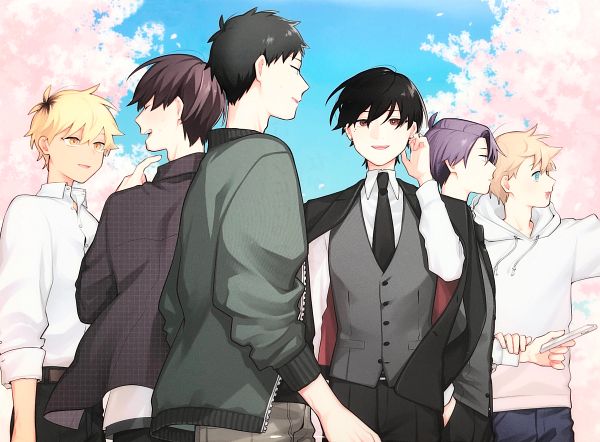 6+boys, asagi_(goukon), blue_sky, flower, fuji_(goukon), full_body, goukon_ni_ittara_onna_ga_inakatta_hanashi, hagi_(goukon)