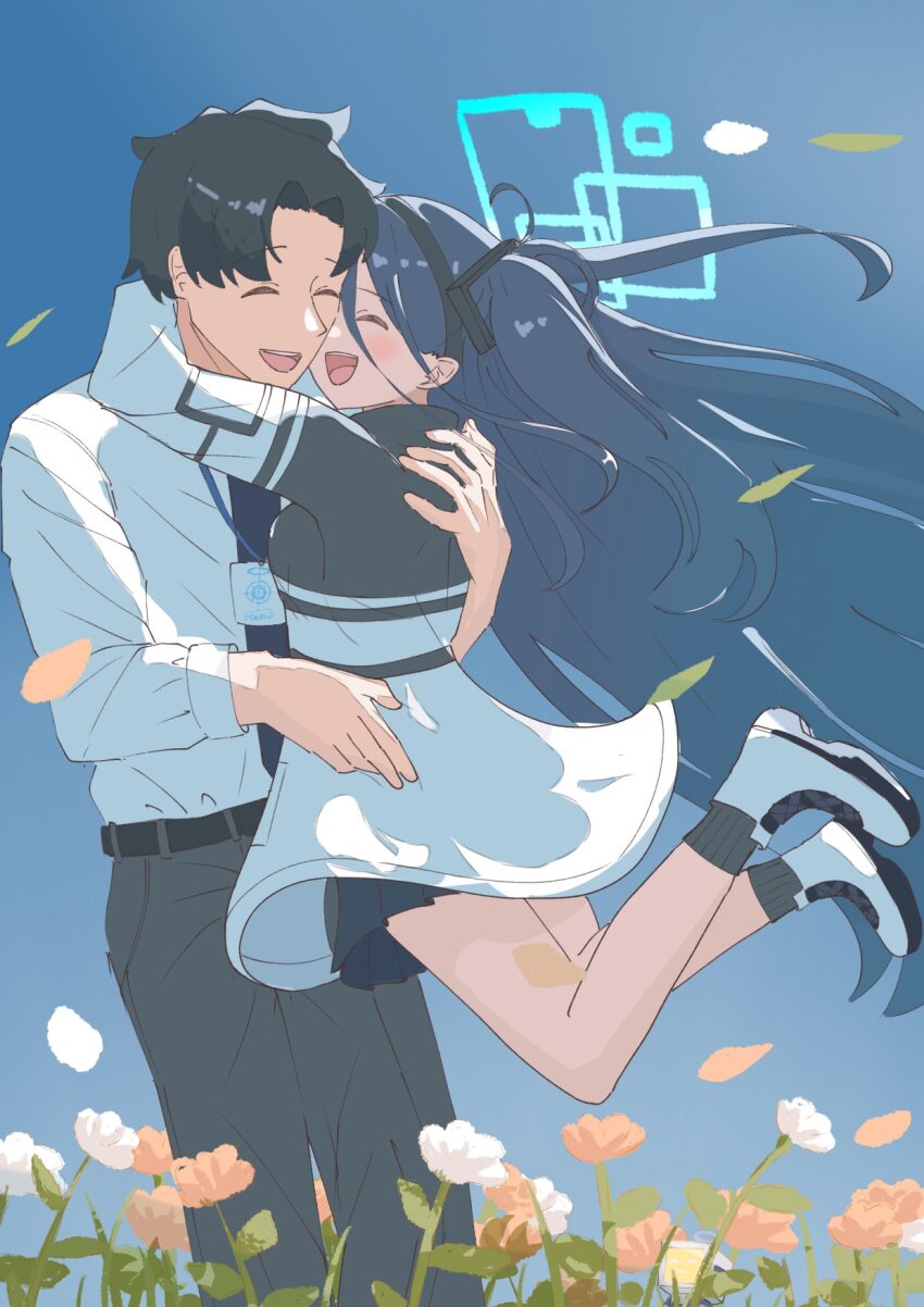 1boy, 1girl, aqua_halo, aris_(blue_archive), black_hair, black_hairband, black_socks, blue_archive, blush, closed_eyes, dress, flower, hair_between_eyes, hairband, halo, happy, highres, hug, long_hair, long_hair_between_eyes, long_sleeves, miaki_(mi_autumn39), necktie, open_mouth, pants, petals, pink_flower, rectangular_halo, sensei_(blue_archive), sensei_(blue_archive_the_animation), shirt, shoes, short_hair, skirt, smile, socks, very_long_hair, white_flower, white_shirt