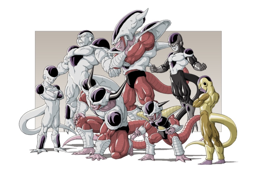 1boy, 1st_form_frieza, 2nd_form_frieza, 3rd_form_frieza, black_frieza, black_skin, border, colored_skin