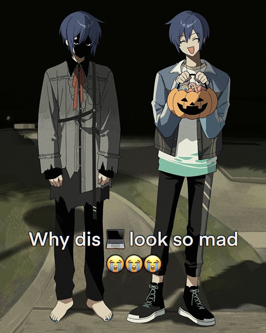 25-ji_kaito, 2boys, ^_^, akii_0915, arms_up, barefoot, black_pants, blue_hair