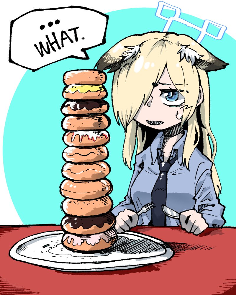 1girl, animal_ears, blonde_hair, blue_archive, blue_eyes, breasts, commentary_request, dog_ears, dog_girl, donut, ears_down, english_text, extra_ears, food, fork, geonbanmaen, hair_over_one_eye, halo, holding, holding_fork, holding_knife, kanna_(blue_archive), knife, long_hair, open_mouth, plate, sharp_teeth, solo, speech_bubble, sweatdrop, teeth, upper_body