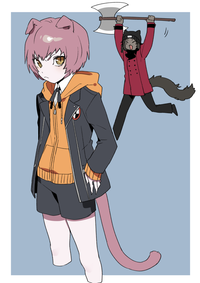 2boys, :<, amada_ken, amada_ken_(cosplay), animal_ears, aragaki_shinjirou, aragaki_shinjirou_(cosplay), arms_up, axe, bare_legs, basilio_(metaphor:_refantazio), beanie, black_footwear, black_hat, black_pants, black_ribbon, black_shorts, border, brothers, buttons, claws, closed_eyes, closed_mouth, coat, collared_shirt, commentary_request, company_connection, cosplay, cropped_legs, crossover, dark-skinned_male, dark_skin, fidelio_(metaphor:_refantazio), folded_ear, gekkoukan_high_school_uniform, hand_on_own_hip, hat, highres, holding, holding_axe, holding_weapon, hood, hood_down, hoodie, jacket, lapels, layered_clothes, layered_sleeves, long_sleeves, male_focus, metaphor:_refantazio, mgmgdes61, motion_lines, multiple_boys, neck_ribbon, open_clothes, open_jacket, open_mouth, orange_hoodie, pants, persona, persona_3, pink_hair, red_coat, ribbon, running, school_emblem, school_uniform, shirt, shorts, siblings, slit_pupils, tail, v-shaped_eyebrows, weapon, white_border, white_shirt, wing_collar, yellow_eyes, zipper, zipper_pull_tab