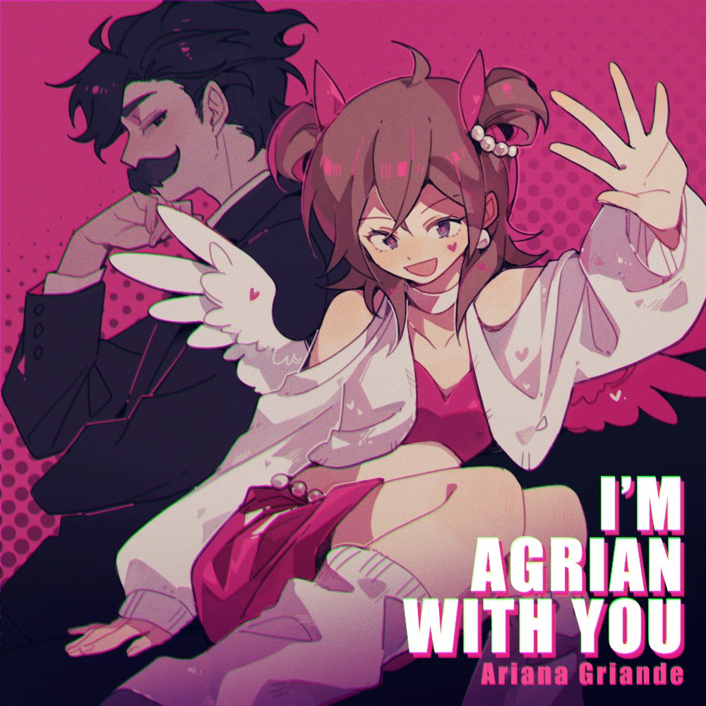 2boys, ahoge, album_cover, ariana_griande_(hermitcraft), bird_boy, bird_wings, black_hair, brown_hair, cardigan, commentary, cover, crop_top, crossdressing, crossdressing_(mtf), drag_queen, english_commentary, english_text, facial_hair, fake_cover, formal_clothes, grian_(youtuber), hermitcraft, leg_warmers, luminous_slime, male_focus, medium_hair, minecraft_youtube, multiple_boys, mumbo_jumbo_(youtuber), mustache, official_alternate_costume, pink_theme, red_shirt, red_skirt, shirt, short_hair, sitting, skirt, suit, trap, two_side_up, white_cardigan, white_leg_warmers, wings