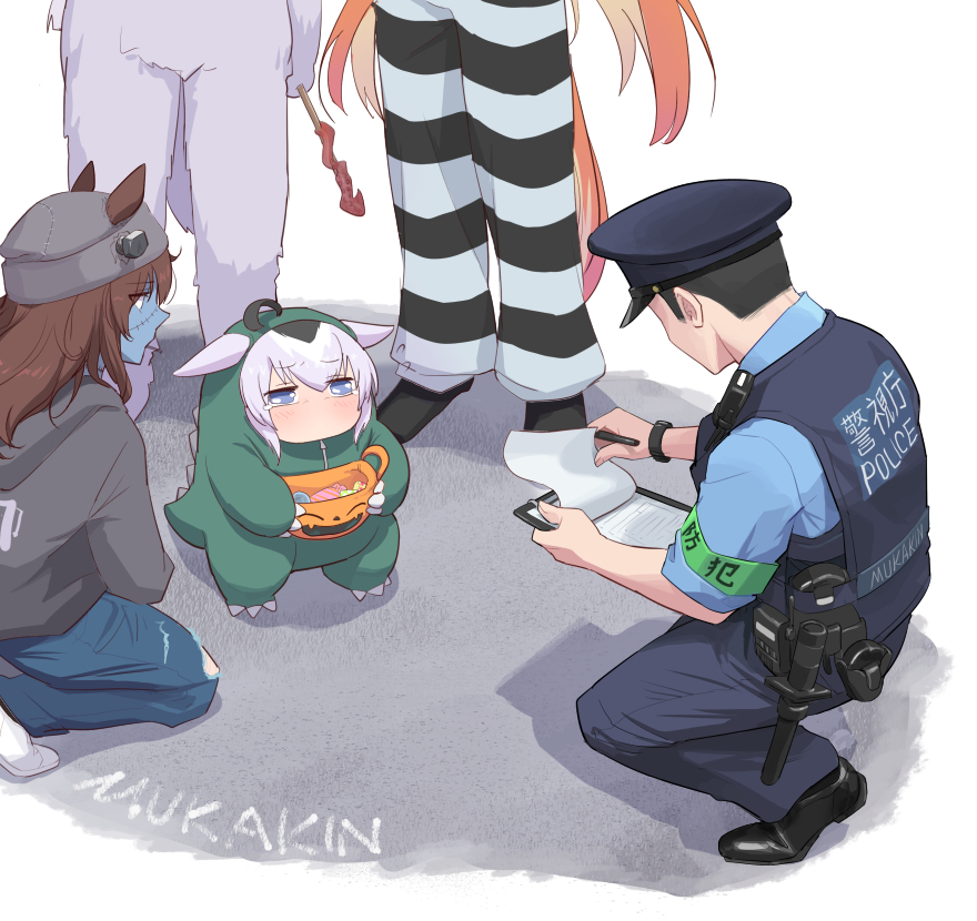 4girls, aged_down, animal_ears, armband, artist_name, beanie, black_footwear, blue_eyes, blue_hat, blue_pants, blue_shirt, blue_sky, blue_vest, brown_hair, clipboard, denim, dinosaur_costume, ears_down, ears_through_headwear, grey_hair, grey_hat, grey_hoodie, half-closed_eyes, halloween, halloween_bucket, halloween_costume, hat, holding, holding_clipboard, hood, hood_down, hoodie, horse_ears, horse_girl, horse_tail, japan_national_police, jeans, long_hair, long_sleeves, looking_at_another, lost_child, mukakin, multiple_girls, nakayama_festa_(umamusume), no_mouth, object_through_head, oguri_cap_(gray_monster)_(umamusume), oguri_cap_(umamusume), on_one_knee, orfevre_(old_design)_(umamusume), pants, police, police_hat, police_uniform, policeman, prison_clothes, scar, scar_on_face, screw_in_head, shirt, shoes, short_sleeves, signature, sky, sneakers, tail, tearing_up, torn_clothes, torn_pants, umamusume, very_long_hair, vest, white_footwear, zombie_costume