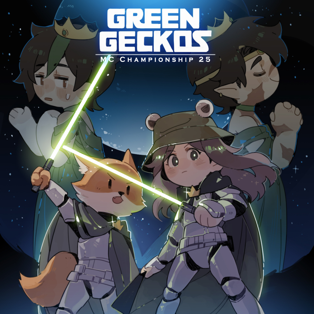 1girl, 3boys, animal_ears, armor, brown_eyes, brown_hair, cape, chibi, chibi_only, closed_eyes, commentary, copyright_name, cosplay, cosplay_request, crossdressing, crossdressing_(mtf), crown, crown_(symbol), dress, energy_sword, english_commentary, english_text, esports, fox_boy, fox_ears, fox_tail, frog_hat, furry, furry_male, goodtimeswithscar, green_dress, green_geckos_(mc_championship), green_hair, holding, holding_sword, holding_weapon, jojosolos, lightsaber, luminous_slime, matching_outfits, mc_championship, medium_hair, minecraft_youtube, moon, multicolored_hair, multiple_boys, parody, pointy_ears, scar, seapeekay, short_hair, smallishbeans, space, star_(sky), star_wars, streaked_hair, sweatdrop, sword, tail, weapon