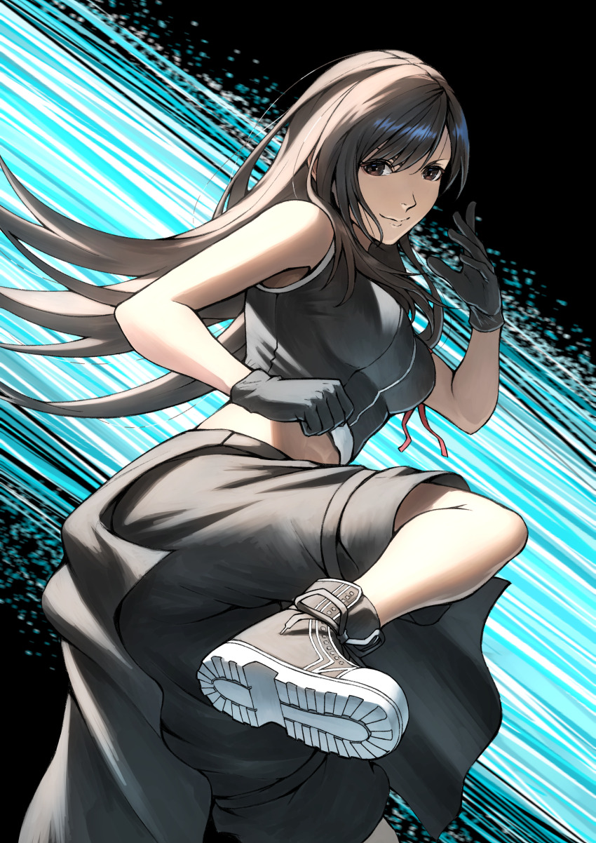 1girl, absurdres, apron, arm_ribbon, bare_shoulders, black_apron, black_footwear, black_gloves