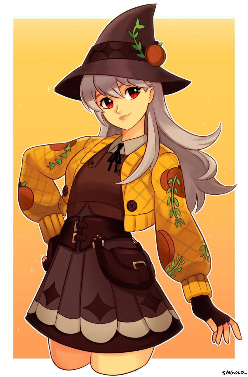 1girl, absurdres, artist_name, black_gloves, black_hat, closed_mouth, cropped_legs, fingerless_gloves, fortnite, gloves, grey_hair, hand_on_own_hip, hat, highres, lexa_(fortnite), lexa_hexbringer, long_hair, long_sleeves, looking_at_viewer, red_eyes, smgold, smile, solo, upper_body, witch_hat