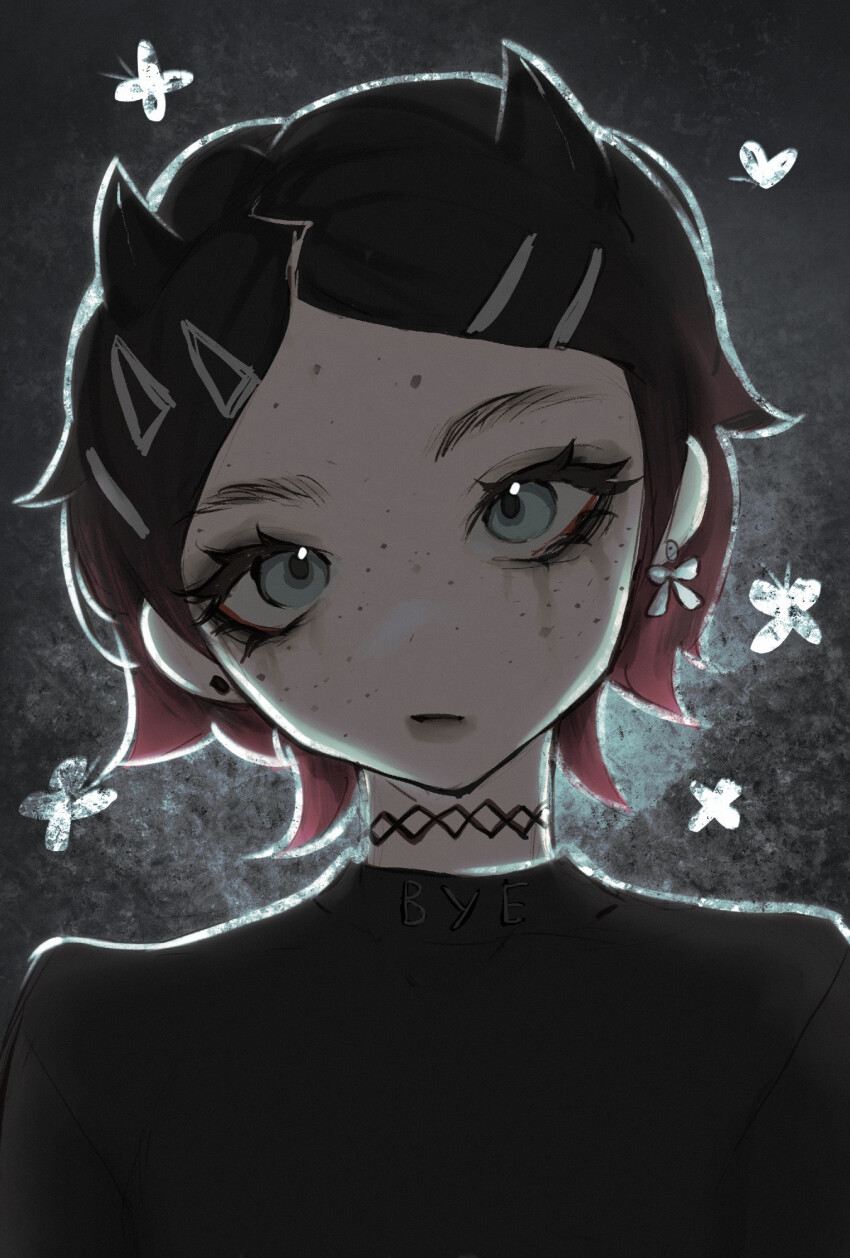 1other, animal, bad_source, black_background, black_hair, black_shirt, bug, butterfly, butterfly_earrings, choker, clothes_writing, clove_(valorant), earrings, eyeshadow, freckles, goth_fashion, grey_eyes, hair_ornament, hairclip, head_tilt, heart, highres, insect, jewelry, looking_at_viewer, makeup, multicolored_hair, red_hair, shirt, short_hair, two-tone_hair, uglysaya, upper_body, valorant