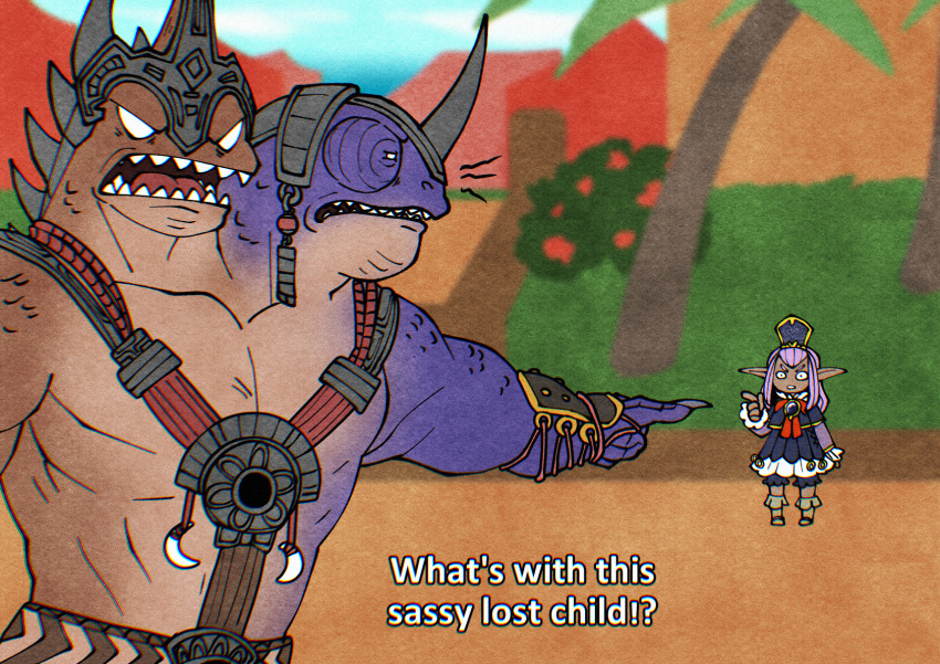 1boy, 1girl, bakool_ja_ja, blurry, blurry_background, dark-skinned_female, dark_skin, elf, elvaan, english_text, fake_horns, final_fantasy, final_fantasy_xi, final_fantasy_xiv, highres, horned_headwear, horns, in-franchise_crossover, mamool_ja, meme, multiple_heads, pointing, pointy_ears, prishe, purple_hair, reptile_boy, sassy_lost_child_(meme), sharp_teeth, single_horn, subtitled, teeth, trollkjerringkunst
