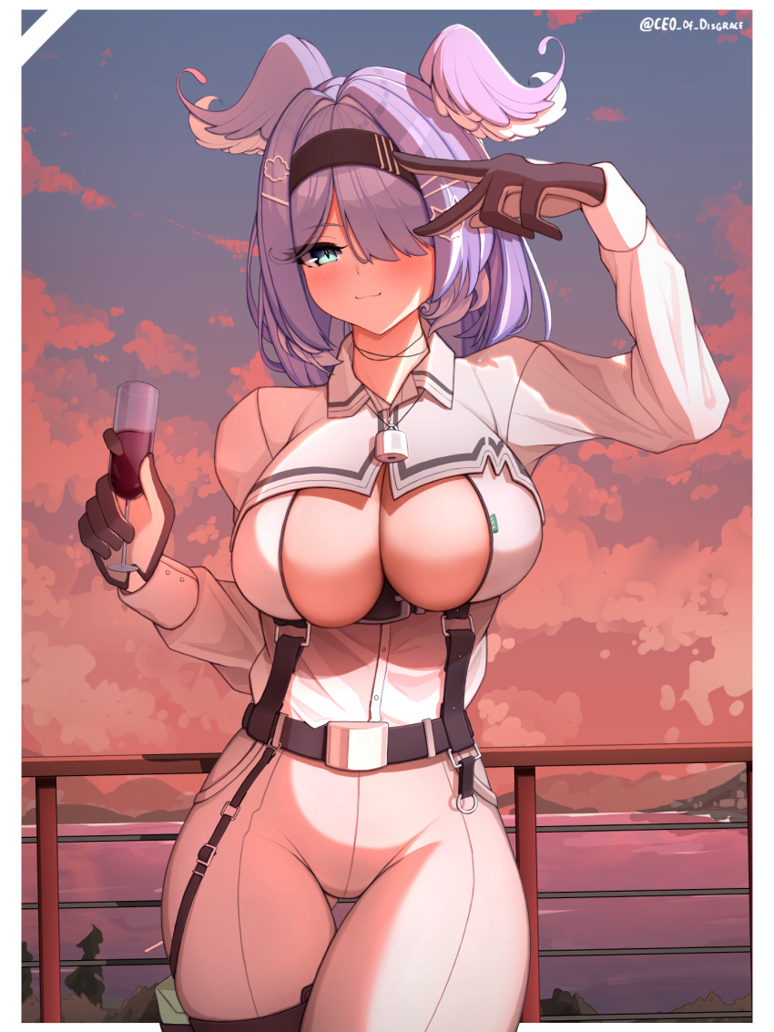 1girl, :3, alcohol, aqua_eyes, blue_hair, blush, breasts, center_opening, ceo_of_disgrace, champagne_flute, cleavage, commentary, cup, drink, drinking_glass, elira_pendora, elira_pendora_(4th_costume), english_commentary, gloves, gluteal_fold, hair_over_one_eye, hairband, head_wings, highres, holding, holding_drink, large_breasts, looking_at_viewer, medium_hair, nijisanji, nijisanji_en, smile, solo, thigh_gap, twitter_username, underboob, v, virtual_youtuber, wine, wings