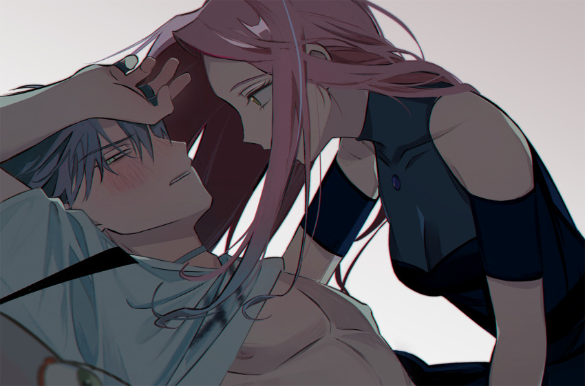 1boy, 1girl, alien_stage, black_dress, blush, breasts, choker, cleavage, clothes_lift, clothing_cutout, commentary, dress, green_eyes, grey_hair, hetero, long_hair, lying, mizi_(alien_stage), on_back, pectorals, pink_hair, s301t9, see-through_cleavage, see-through_clothes, shirt, shirt_lift, short_hair, short_sleeves, shoulder_cutout, till_(alien_stage), very_long_hair, very_short_hair, white_choker, white_shirt