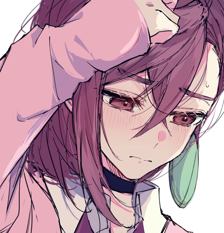 1girl, arm_up, ayase_momo, black_choker, blush, bow, bowtie, brown_eyes