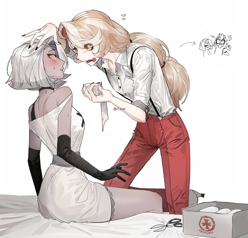 2girls, absurdres, applying_bandages, black_nails, blonde_hair, bluish_gray_cat, charlie_morningstar, circle_facial_mark, colored_inner_hair, colored_sclera, colored_skin, demon_girl, dress, elbow_gloves, eye_contact, facial_mark, fingernails, first_aid_kit, flying_sweatdrops, gloves, grey_hair, grey_skin, hazbin_hotel, hellaverse, highres, looking_at_another, multi-tied_hair, multicolored_hair, multiple_girls, pants, pink_sclera, red_eyes, red_pants, sharp_fingernails, short_dress, sitting, sleeves_rolled_up, suspenders, thighs, vaggie, white_skin, yellow_eyes, yellow_sclera, yuri