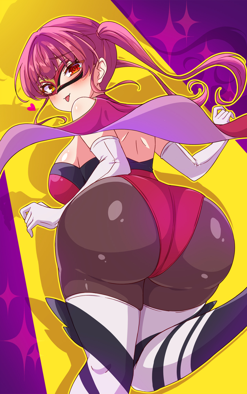 1girl, ass, black_pantyhose, blush, boots, breasts, cape, domino_mask, eye_mask, hachiman_tanuki, heterochromia, highres, hololive, houshou_marine, how_about_paipai_mask?_(houshou_marine), huge_ass, large_breasts, leotard, long_hair, looking_at_viewer, looking_back, mask, pantyhose, red_cape, red_eyes, red_hair, red_leotard, solo, thigh_boots, tongue, tongue_out, twintails, virtual_youtuber, yellow_eyes