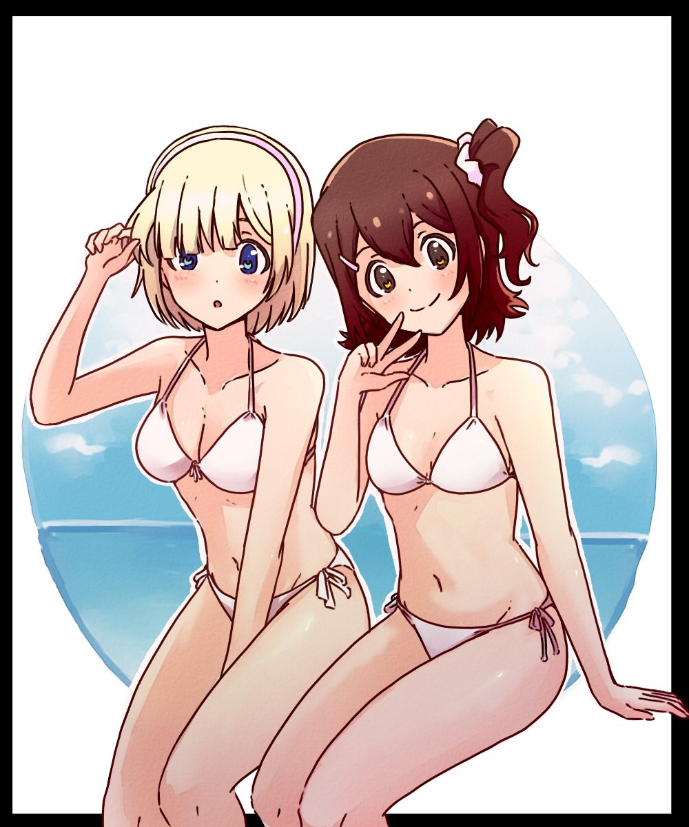 2girls, :o, arm_support, between_legs, bikini, blonde_hair, blue_eyes, blush, breasts, brown_hair, collarbone, dot_nose, hair_between_eyes, hair_ornament, hair_over_one_eye, hairband, hairclip, hand_between_legs, hand_up, head_tilt, highres, idolmaster, idolmaster_(classic), idolmaster_million_live!, idolmaster_starlit_season, kasuga_mirai, kelvin1996c, legs, looking_at_viewer, medium_breasts, medium_hair, multiple_girls, navel, ocean, okuzora_kohaku, pink_hairband, short_hair, side-tie_bikini_bottom, side_ponytail, sidelocks, sitting, smile, stomach, swimsuit, thighs, v, white_background, white_bikini, yellow_eyes