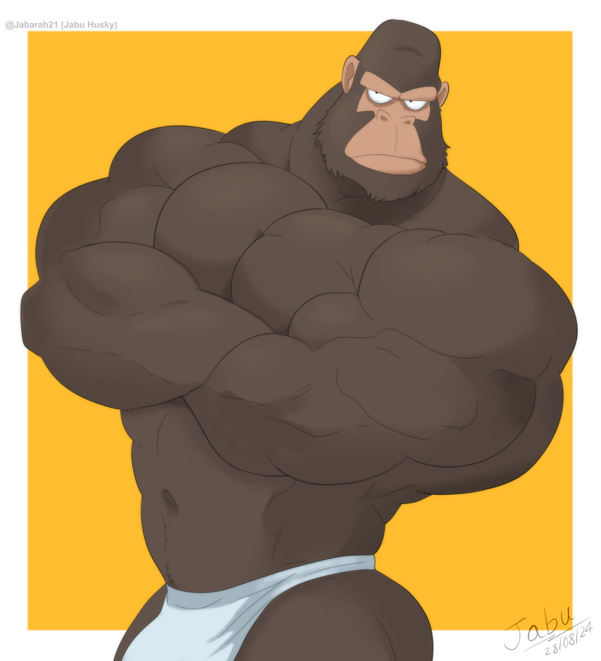 1boy, alternate_muscle_size, artist_name, bara, biceps, bikini_briefs, bodybuilder, border