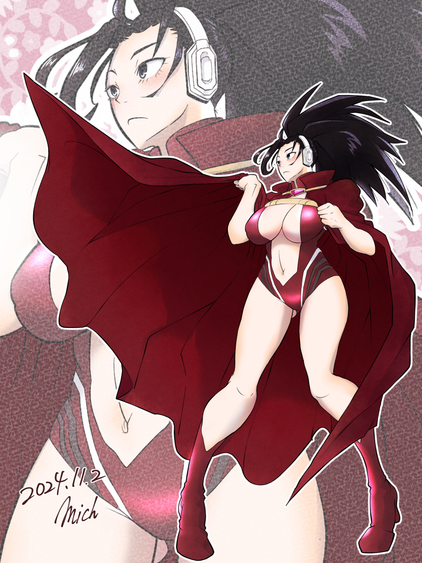 1girl, absurdres, black_eyes, black_hair, boku_no_hero_academia, boots, breasts, cape