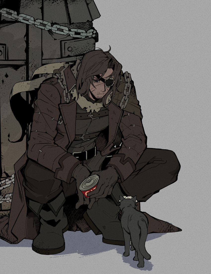 1boy, absurdres, animalization, belt, black_cat, black_footwear, boots, brown_coat