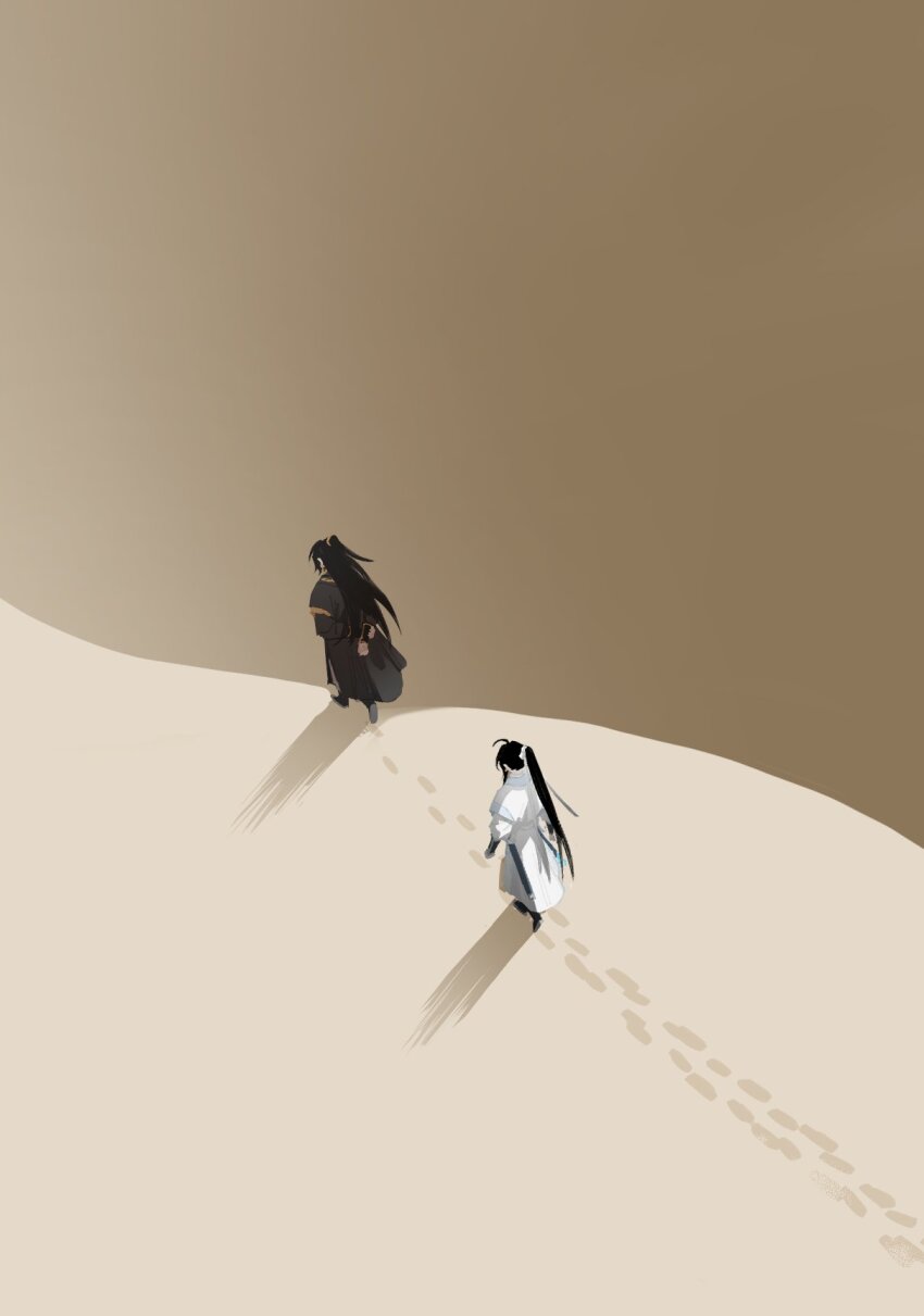 2boys, ahoge, arms_behind_back, bakku_(fspz4427), black_hair, chinese_clothes, footprints, from_above