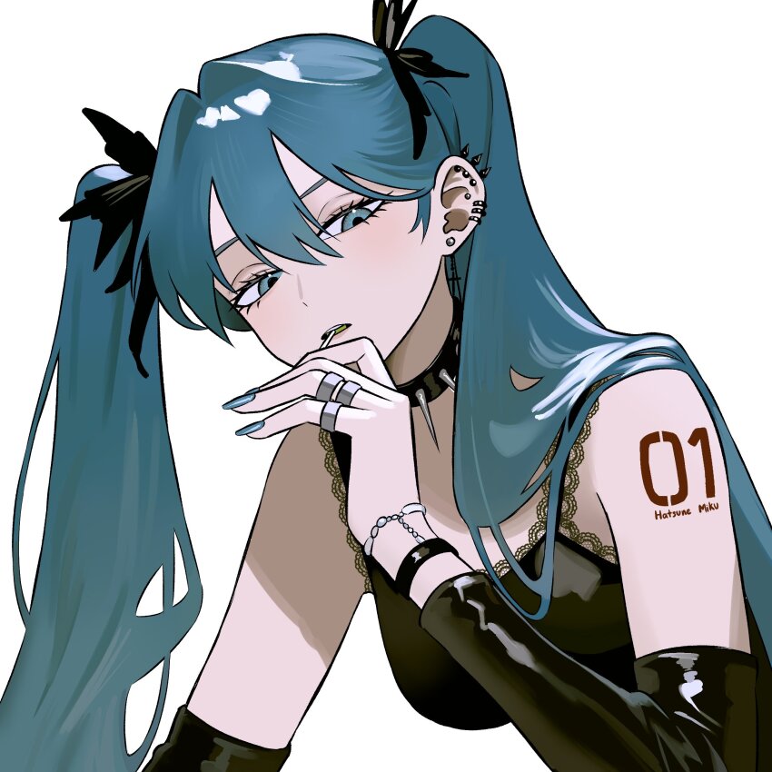 1girl, absurdres, bare_shoulders, black_sleeves, black_tank_top, blue_eyes, blue_hair, blue_nails, bracelet, candy, detached_sleeves, ear_piercing, earrings, food, food_in_mouth, hatsune_miku, highres, jewelry, lace-trimmed_tank_top, lollipop, long_hair, looking_at_viewer, number_tattoo, piercing, ring, shoulder_tattoo, simple_background, solo, tank_top, tattoo, twintails, very_long_hair, vocaloid, white_background, zeon_(zzeeonn)