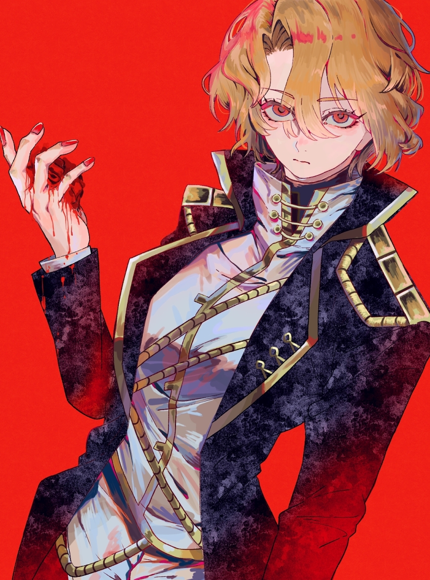 1girl, black_coat, blonde_hair, blood, closed_mouth, coat, collared_shirt, cowboy_shot, don_quixote_(project_moon), expressionless, gold_trim, heart_(organ), highres, klack_rodyalove, limbus_company, long_sleeves, looking_at_viewer, popped_collar, project_moon, red_background, red_eyes, red_nails, sancho_(project_moon), shirt, short_hair, simple_background, solo, standing, white_shirt