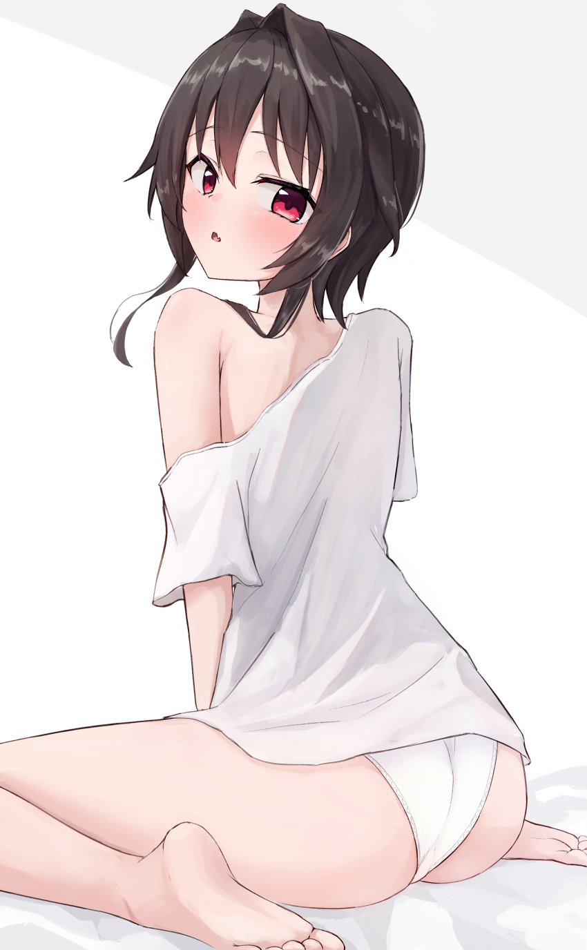 1girl, 9-nine-, absurdres, armpit_crease, ass, back, barefoot, black_hair